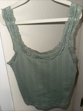 Wild Skye Lace Trim Ribbed Tank Top - Sage Green